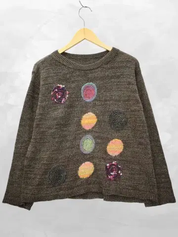 지우  크루넥 아플리케 멜란지 풀오버 니트 스웨터 40