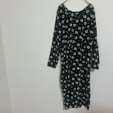 블랙 플라워 무늬 긴팔 무릎 기장 원피스 캐주얼 스커트