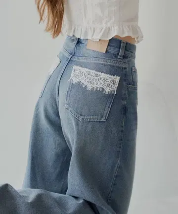 레이스 달린 포켓 와이드 레그 데님