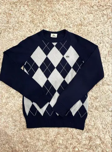 컨디션 최상 라코스테 울 100% 니트 크루넥 아가일 무늬 네이비 40
