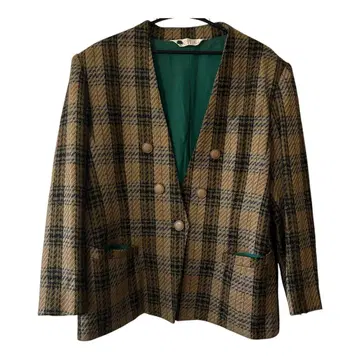 체크 무늬 짧은 기장 테일러드 자켓 더블 버튼 90s 브라운 그린