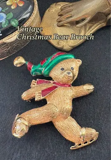 빈티지 크리스마스 베어 스케이트 브로치