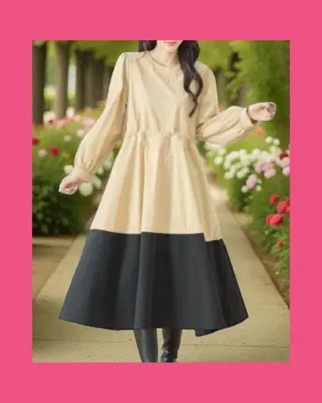 투톤 컬러 절개 허리 악센트 원피스 베이지