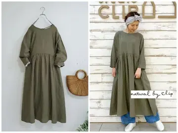 내추럴 바이 클립 린넨 코튼 개더 원피스 카키