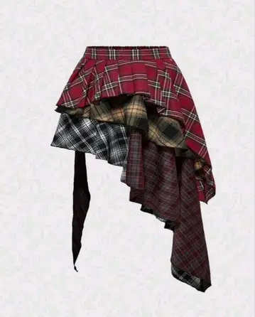 비대칭 체크 플레어 스커트