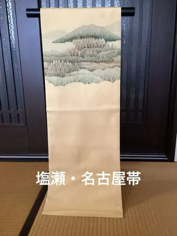 나고야 오비 산과 강 풍경 순수 실크 시오제