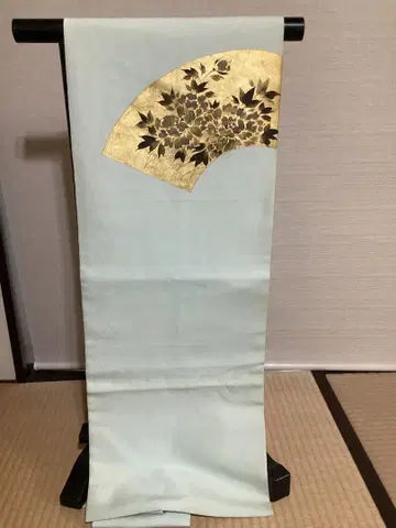 스카이블루 나고야 오비 골드 컬러 부채 꽃무늬 자수 순수 실크 시오제