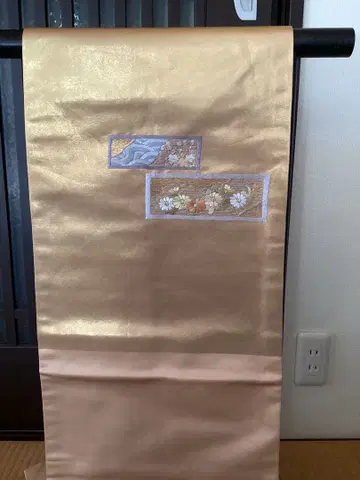 골드 컬러 순수 실크 나고야 오비 꽃무늬 자수