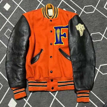오렌지 울 가죽 바시티 자켓 TCB 로고