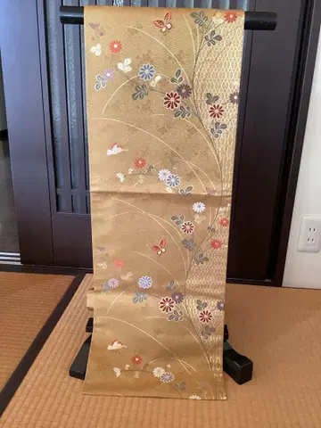 골드 컬러 꽃무늬 나비 자수 나고야 오비 순수 실크