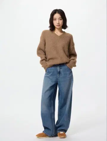 UNIQLO/배기 커브 청바지 기장 짧음/23inch/67 BLUE