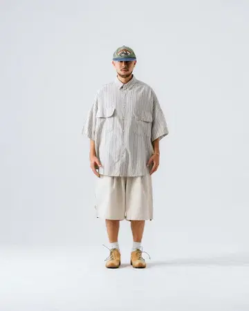 [ ANGLAN ] Pocket Stripe Big Half Shirt