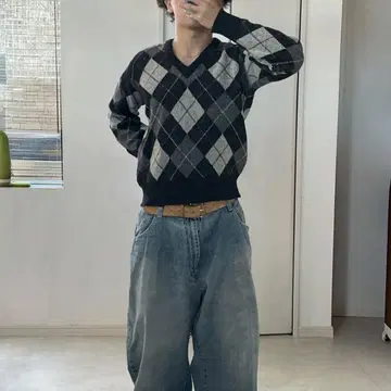 90s~ 아가일 니트 V넥 울 니트