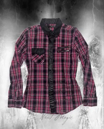 헤이세이 체크 셔츠 상의 영문 핑크 시크 스타일 가죽