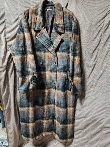 오버 사이즈 체크 무늬 롱 코트 울 소재