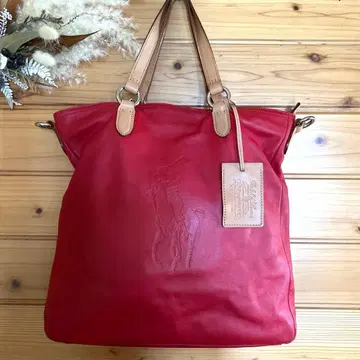 새상품급 천연 가죽 랄프 로렌 빨간색 토트백 A4 가능 빅 로고 가죽