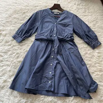 스나이델 무릎 위 기장 셔츠 원피스 리본 벨트 끈 개더 스키퍼 칼라