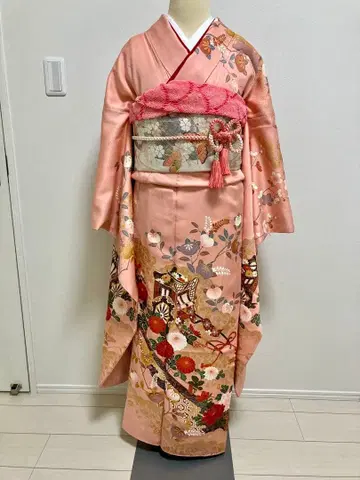 새상품급 성인식 후리소데 풀세트 순수 실크 핑크 말 자수