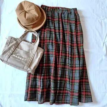 [나루팩토리] 롱 스커트 체크 무늬 울 턱 플레어 전체 밴딩