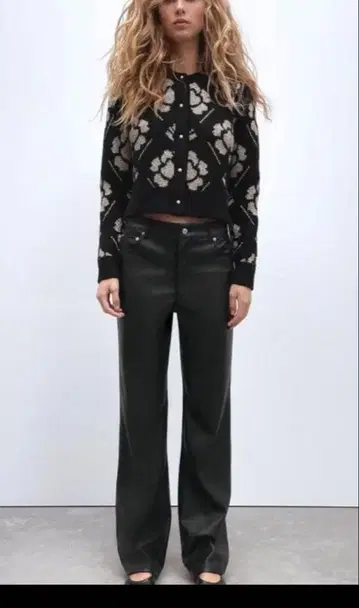 ZARA 자라 올 패턴 꽃무늬 라메 니트 가디건 블랙 숏 아메리