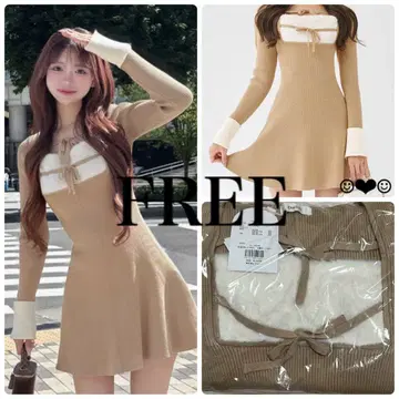 Darich 리본 퍼 플레어 니트 미니 원피스 베이지 FREE