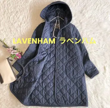 새상품급 라벤햄 네이비 울 퀼팅 후디드 롱 코트 38