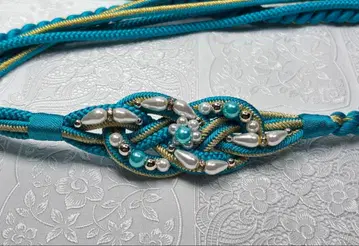 a-952 순수 실크 허리띠 후리소데 성인식 끈 펄 장식 터콰이즈 블루