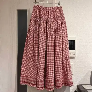 핑크하우스 빨간색 깅엄 체크 핀턱 스커트