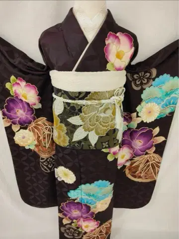 [하자품] 후리소데 초콜릿 컬러 꽃무늬