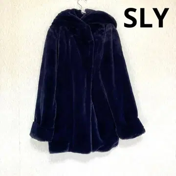슬라이 네이비 후와모코 볼륨 인조 모피 보아 후드 코트 아우터
