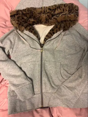 레오파드 무늬 퍼 달린 그레이 후드티 헤이세이 갸루 페어리 그런지 Y2K