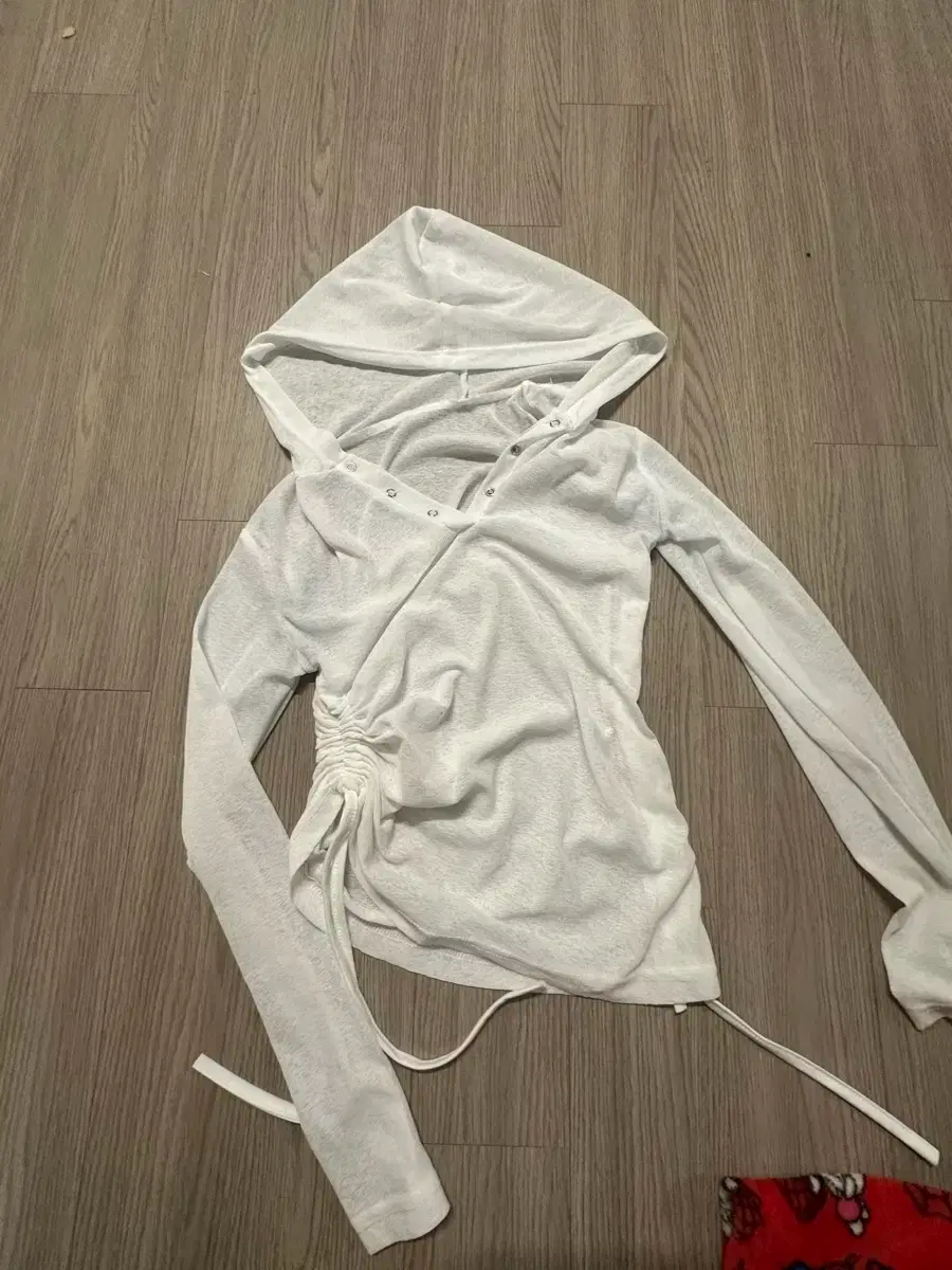 White Shirring Hood Long Sleeve T-shirt