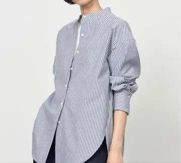 soeju 소쥬 밴드 카라 롱 셔츠 블루 스트라이프