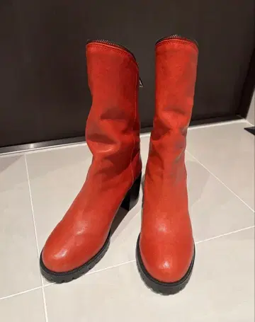 PRIDE 가죽 부츠 레드 23cm 와이드 힐 미들 기장