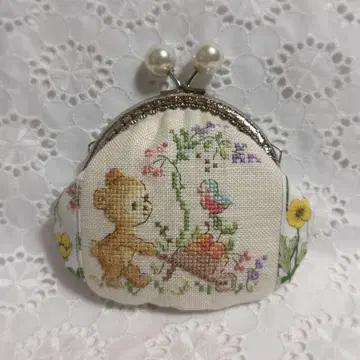 곰돌이 자수 가마구치 파우치 소품함 크로스 스티치 리버티 핸드메이드