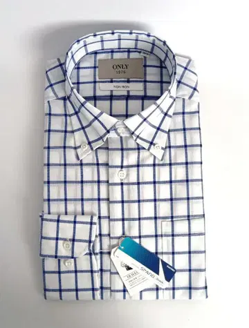 [새상품] ONLY 스트레치 논아이론 버튼다운 블루 격자무늬 목 39