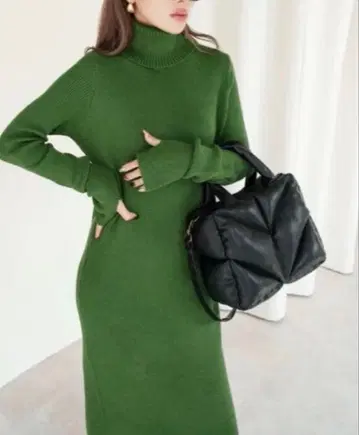 GlamLips 그린 니트 터틀넥 롱 원피스