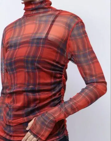 jouetie 쥬에티 체크 패턴 개더 시어 탑