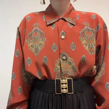 보르도 오렌지 계열 에스닉 드레이프감 빈티지 패턴 셔츠