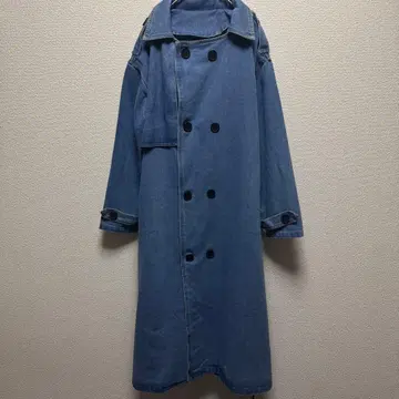 데님 블루 더블 브레스트 트렌치 롱 코트