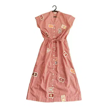 핑크하우스 빨간색 체크 원피스 깅엄 롱 면100