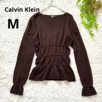 Calvin Klein 울100 V넥 프릴 소매 니트 (M) 브라운