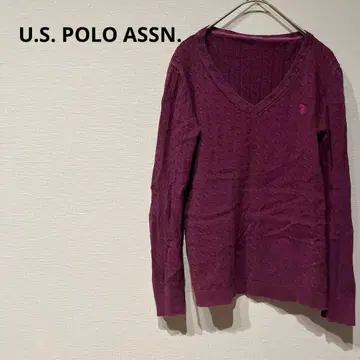 U.S. POLO ASSN. 퍼플 V넥 케이블 짜임 스웨터