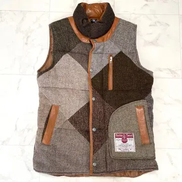 컨디션 최상 해리스 트위드 패치워크 다운 베스트 헤링본 수제 L