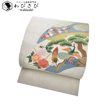 나고야 오비 츠즈레 지가니 공작 소나무 매실 꽃 무늬 호분색 O-5666