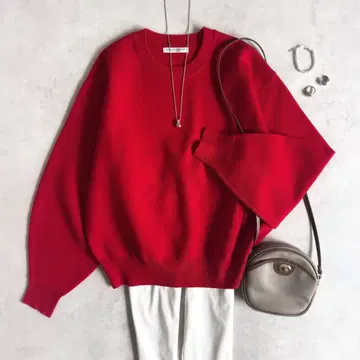 새상품급 BEAUTY&YOUTH 밀라노 리브 볼륨 슬리브 풀오버 레드