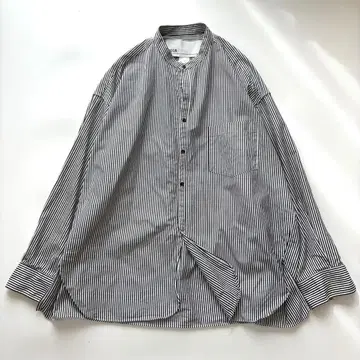 틱카 스퀘어 빅 셔츠 스트라이프 블랙 밴드 카라 코튼