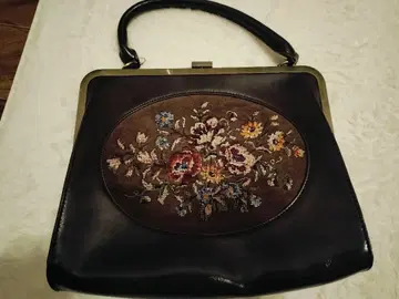 [] 자수 꽃무늬 브라운 가죽 핸드백