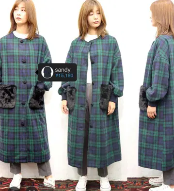 sandy 체크 무늬 노카라 롱 코트 퍼 포켓