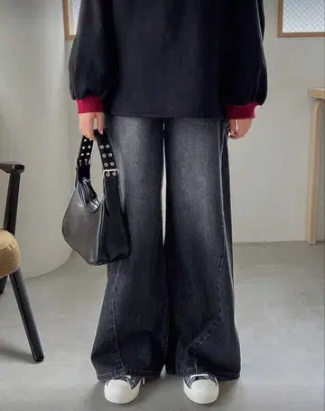 [ 새상품 ] 블랙 데님 와이드 팬츠 허리밴딩